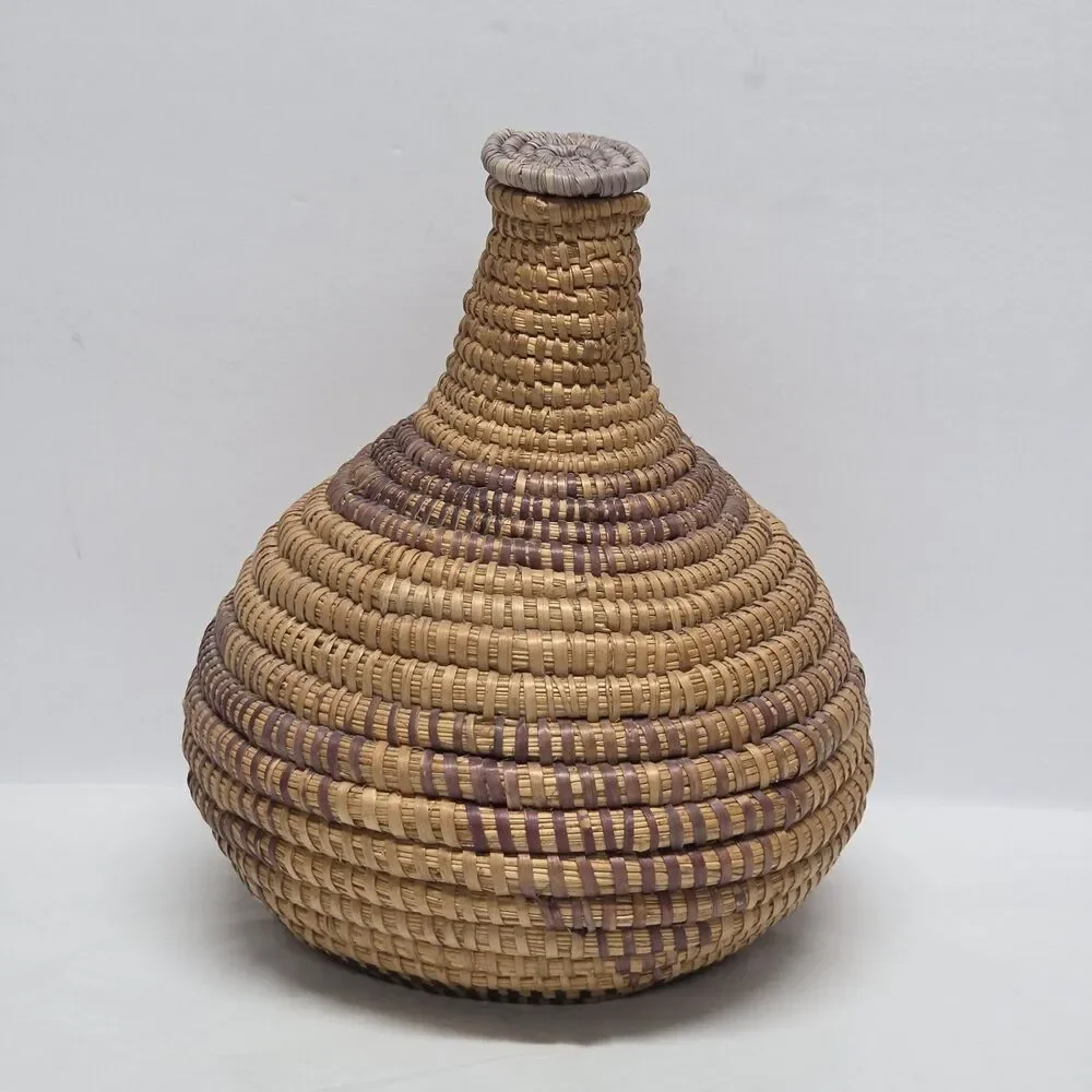Vintage Eskimo Inuit Native American Lidded Coiled Basket Rue Grass Handwoven